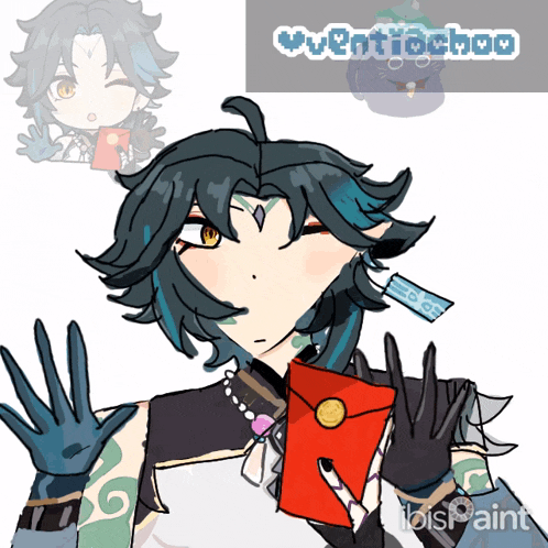 a drawing of a person holding a red envelope with the name valentiachow written on the bottom