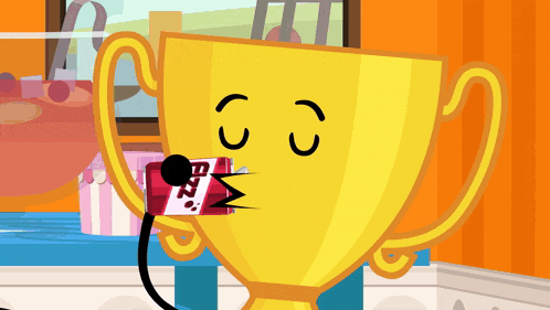 a cartoon illustration of a trophy with a microphone and a box of kfc in its mouth