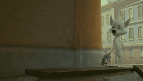 a cartoon dog is standing on a wooden plank