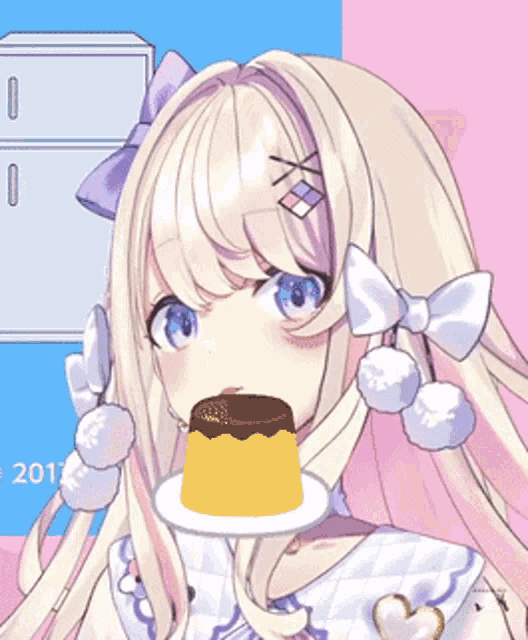 a girl with blonde hair and purple eyes is standing in front of a refrigerator with the year 2017-2022 on it