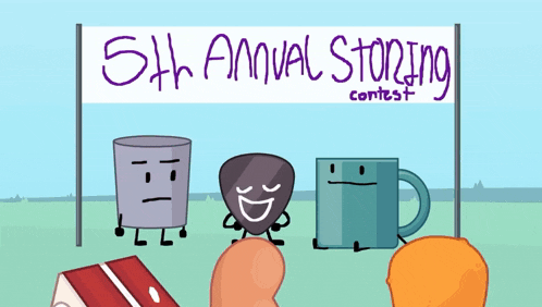 cartoon characters standing under a banner that says 5th annual storing contest