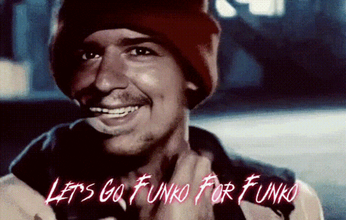 a man wearing a red beanie is smiling and the words let 's go funko for funko are above him