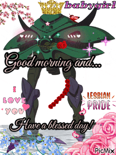 a picture of a robot that says good morning and lesbian pride on it