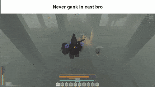 a screen shot of a video game with the words never gank in east bro above it
