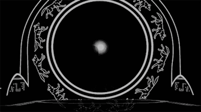 a black and white drawing of a circle with a circle of dogs running around it .