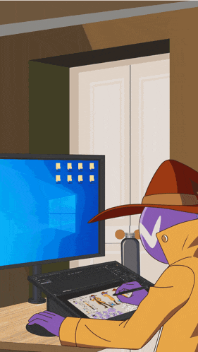 a cartoon of a person drawing on a tablet in front of a computer monitor