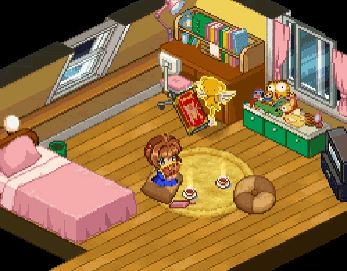 a pixel art of a girl sitting on a rug in a room