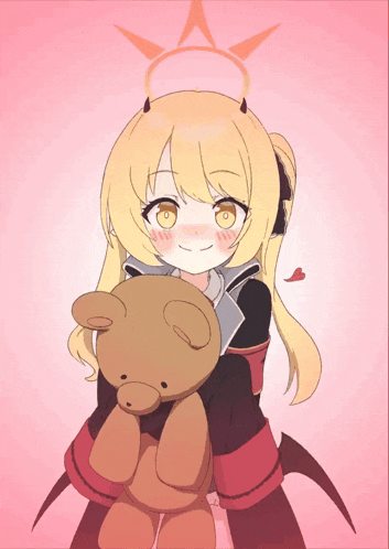 a girl with horns is holding a teddy bear in her arms