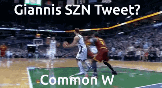 a basketball game is being played with a caption that says " giannis szn tweet "