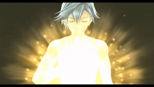 a video game character with a glowing light coming out of their chest