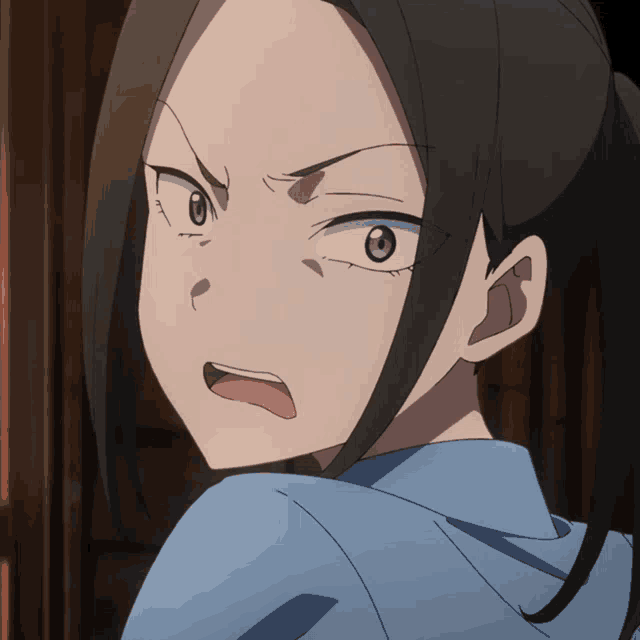 a close up of a girl with a ponytail making a funny face