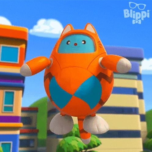 a cartoon character named blippi is flying through the air with buildings in the background