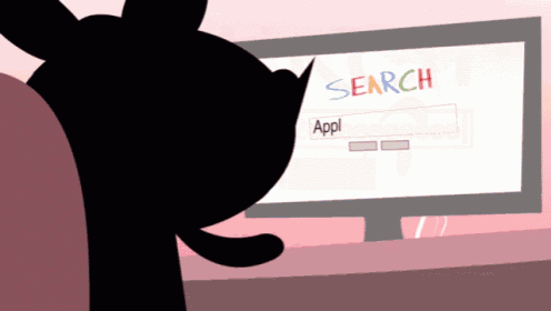 a cartoon cat is looking at a computer screen that says search