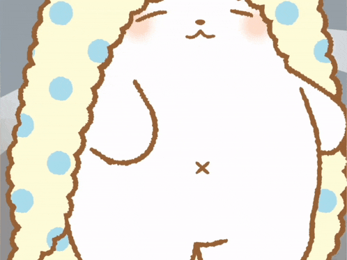 a cartoon drawing of a dog wearing a wig with blue polka dots on it