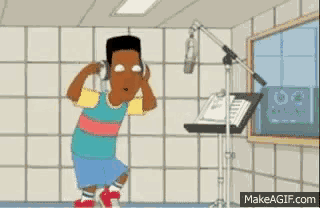 a cartoon character wearing headphones in front of a microphone