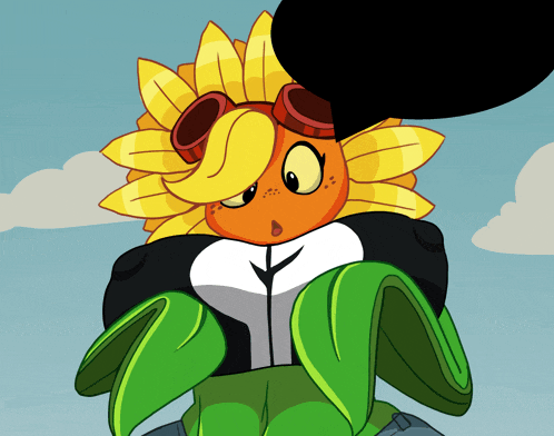 a cartoon of a sunflower wearing goggles and a suit