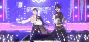 two anime characters are dancing on a stage with purple lights behind them .