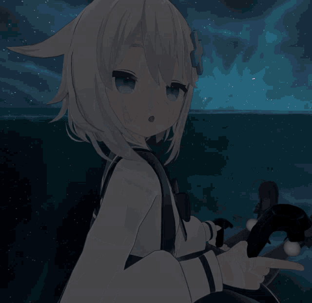 a cartoon character with white hair and cat ears stands in front of a dark blue sky