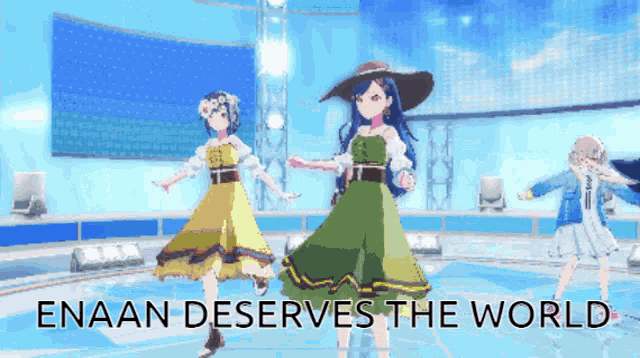 two anime girls are dancing on a stage with the words enaan deserves the world above them