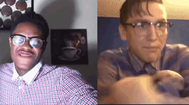 a man wearing glasses and a plaid shirt has a mustache on his face