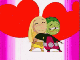 a cartoon of a boy and a girl hugging with hearts in the background