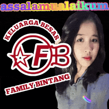 a woman is standing in front of a logo that says keluarga besar fb family bintang