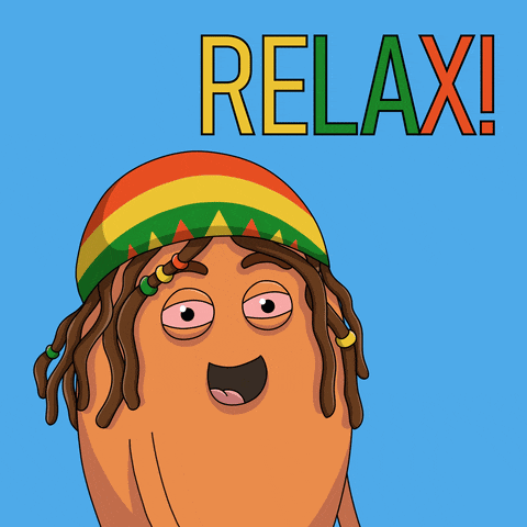 a cartoon of a potato wearing a rasta hat with the word relax below it