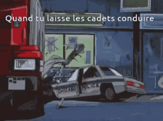 a cartoon of a police car crashing into a truck with the words " quand tu laisse les cadets conduire "