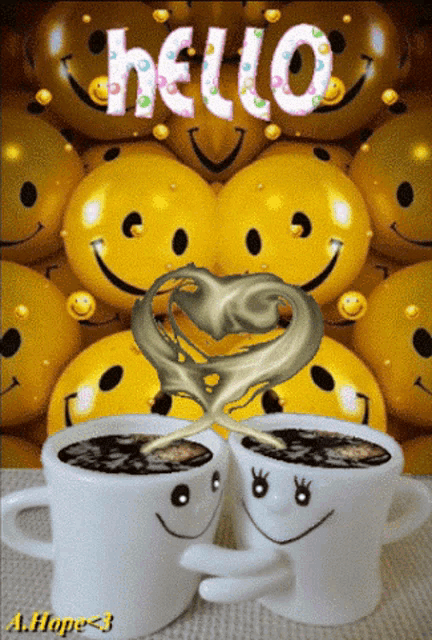 a picture of two cups of coffee with smiley faces and the word hello written in pink