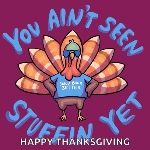 a turkey wearing sunglasses and a blue shirt that says build back better