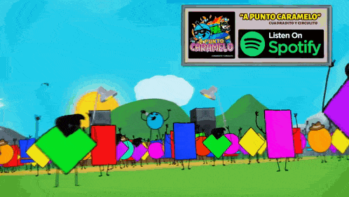 a bunch of cartoon characters are dancing in front of a sign that says " a punto caramelo "