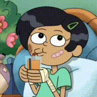 a cartoon girl with a bandaged arm is sitting on a couch holding a glass of orange juice .