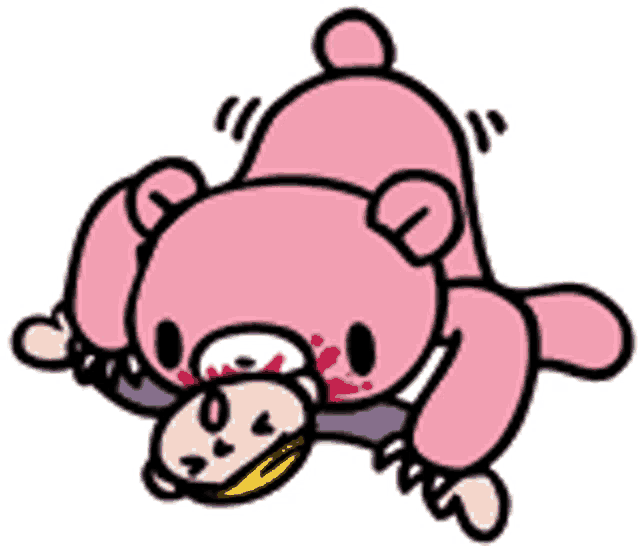 a cartoon of a pink teddy bear laying on its back holding a person 's head .
