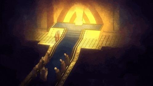 a group of people standing on a staircase in a dark room with a pyramid in the background