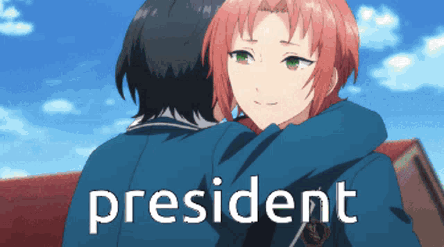 a picture of a girl hugging another girl with the word president in the corner