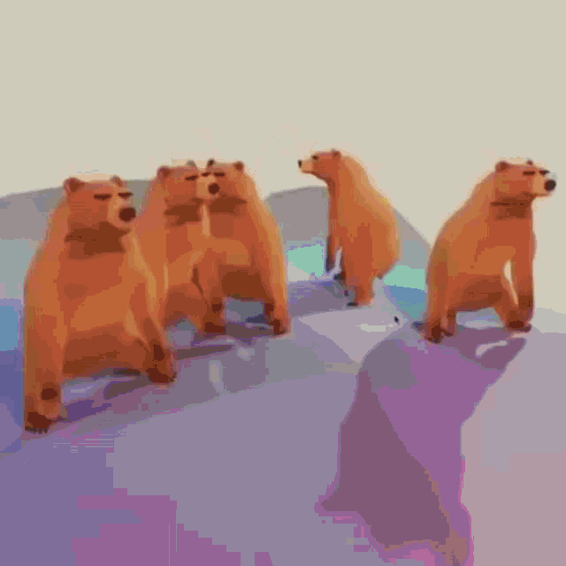 a group of bears are standing next to each other on top of a green hill .