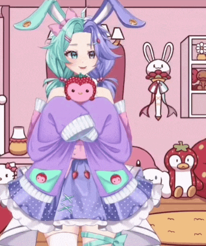 a cartoon girl with bunny ears is holding a stuffed strawberry