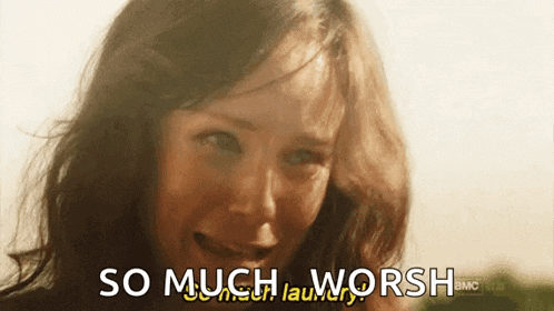 a woman is crying with the words " so much worsh " behind her