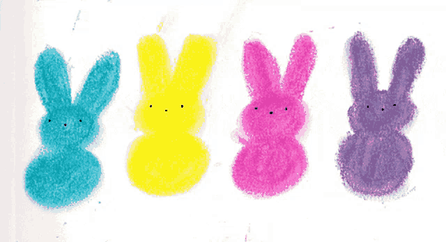 four different colored peeps bunnies are lined up in a row on a white background
