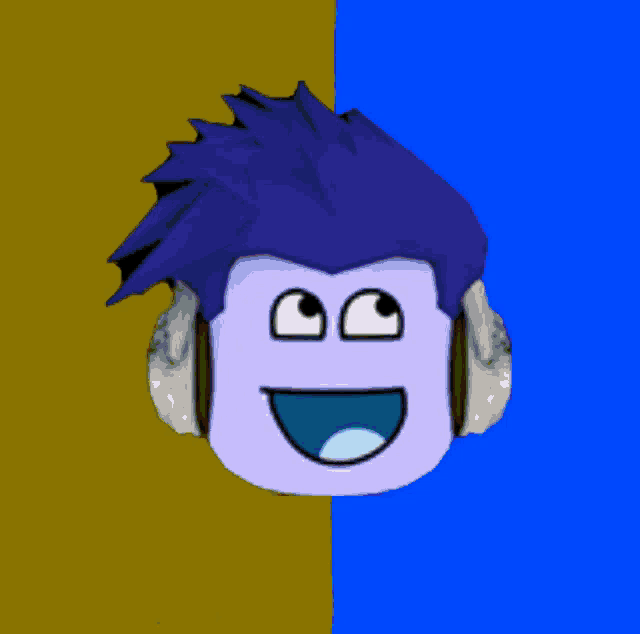 a cartoon character with purple hair and headphones smiles
