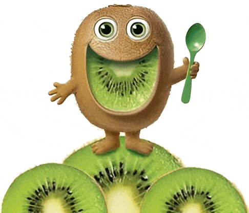 a cartoon kiwi holding a green spoon in his hand