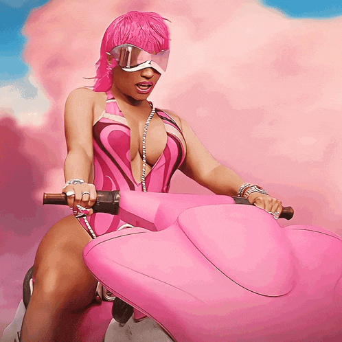 a woman with pink hair and goggles rides a pink scooter