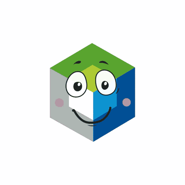 a green blue and gray cube with a smiling face on it