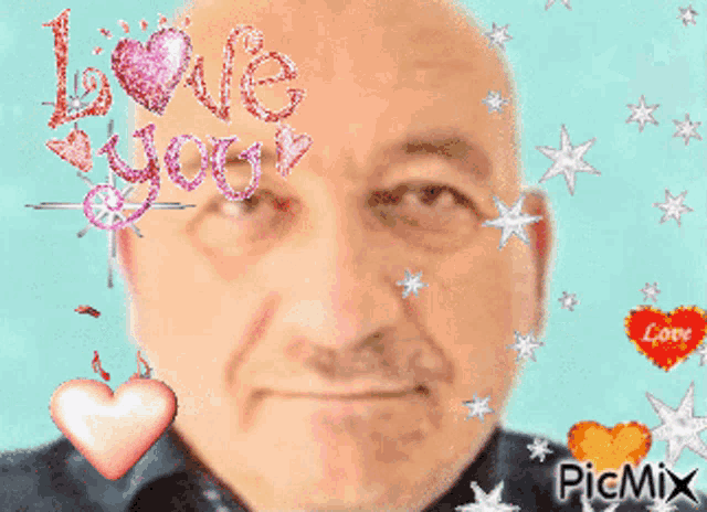 a man 's face is surrounded by hearts and stars with the words love you above him