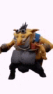 a cartoon character is dancing on a white background and holding a stuffed animal .