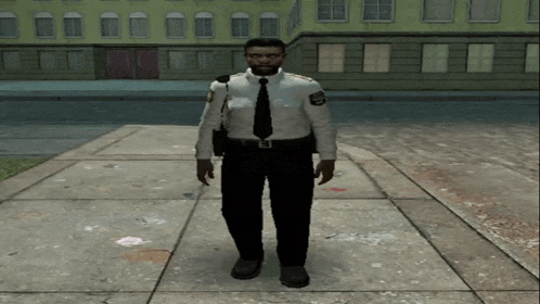 a security guard in a video game is standing on a sidewalk