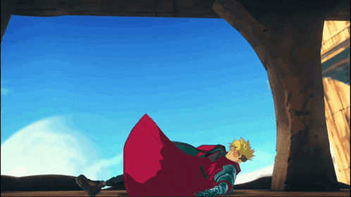 a man in a red cape is laying on the ground in front of a blue sky