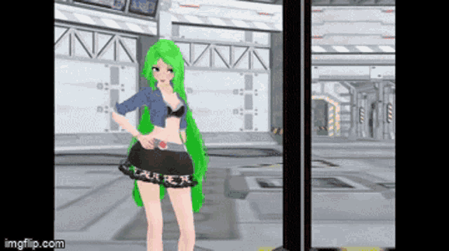 a girl with green hair is standing in a room with a sign that says ' imgflip.com ' on it