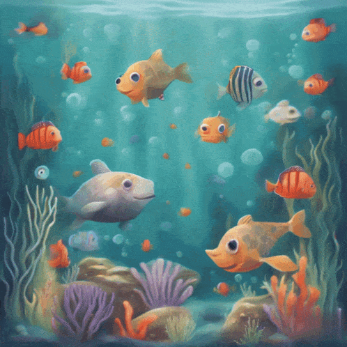 a painting of a coral reef with fish and seaweed
