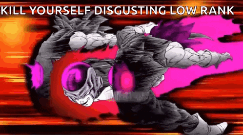 a cartoon of a man flying through the air with the words `` kill yourself disgusting low rank '' on the bottom .